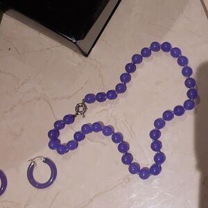 Authentic Elegant Genuine Purple Jade Beaded Necklace Beads 17" Rhodium